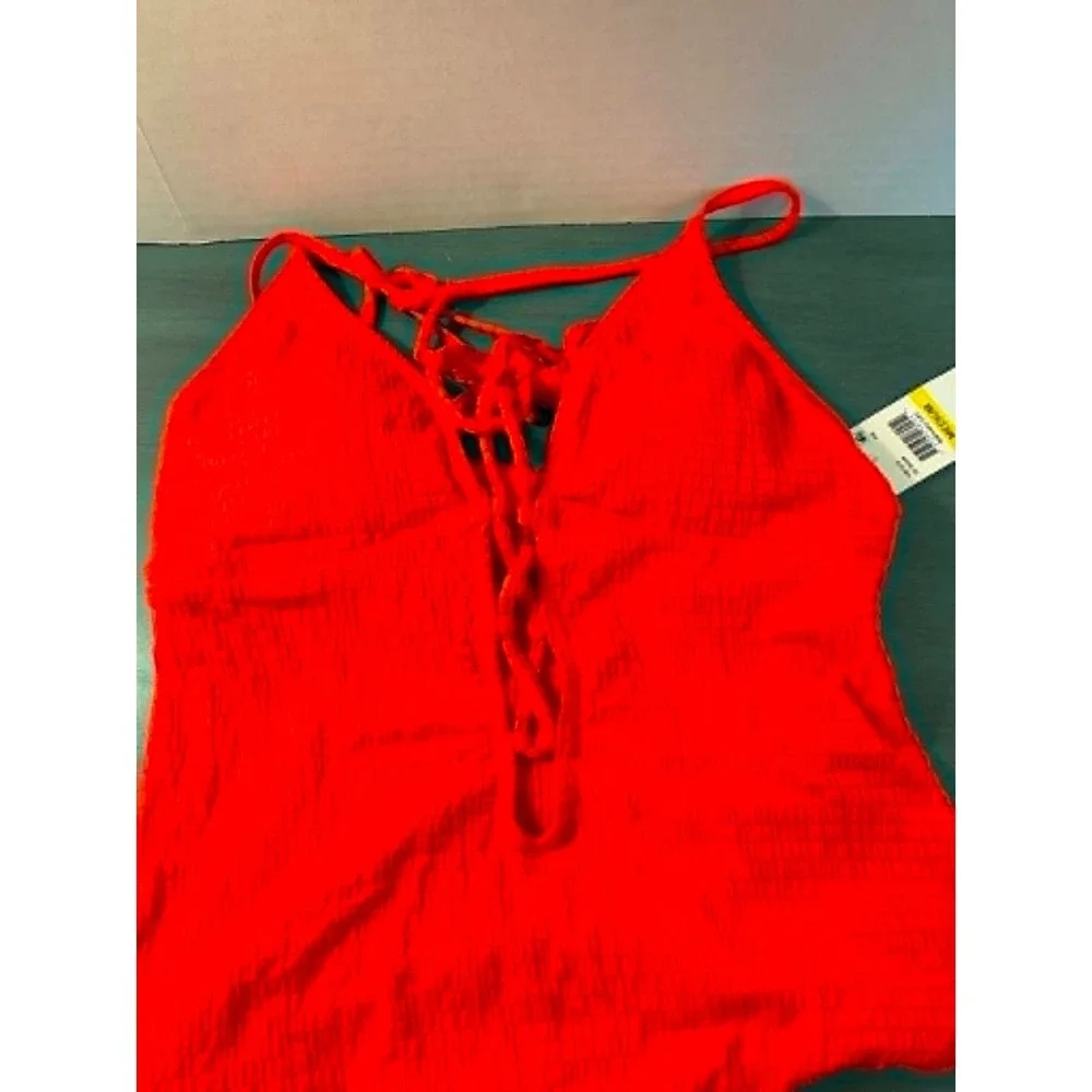 Lucky Brand Textured One Piece Swimsuit Women's Medium Red Halter Lace Up Monoki